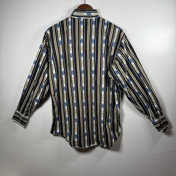 Plains Western Wear Southwest Aztec Pearl Snap Shirt Medium Black Blue VTG - Picture 8 of 14